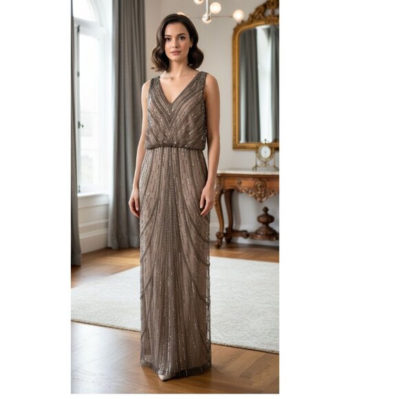 Adrianna Papell Sleeveless Beaded Long Dress with Blouson/Column Women's Size 12 - Picture 1 of 7